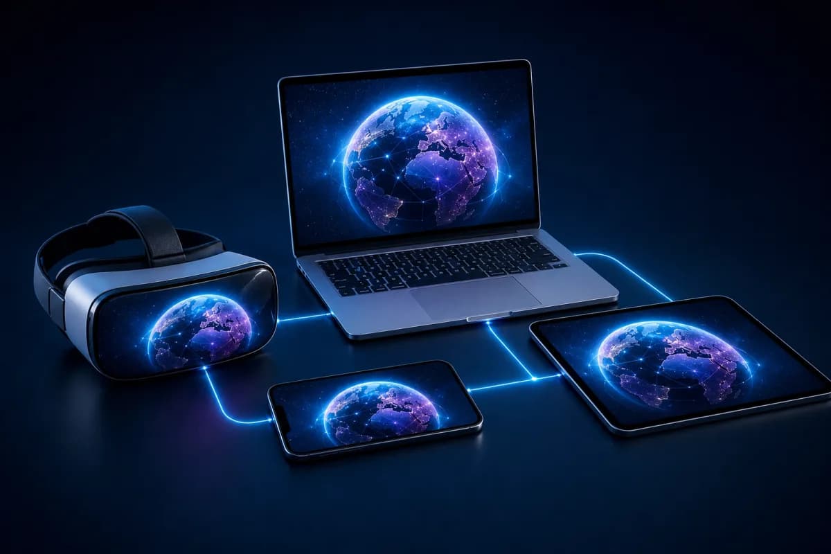 A VR headset next to a laptop and tablet showing a 360 world