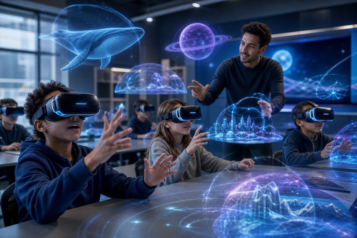 Students using VR headsets in a classroom